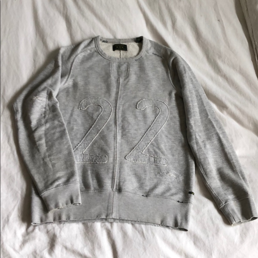 Grey Crew Neck Sweater w”22” stitched on chest